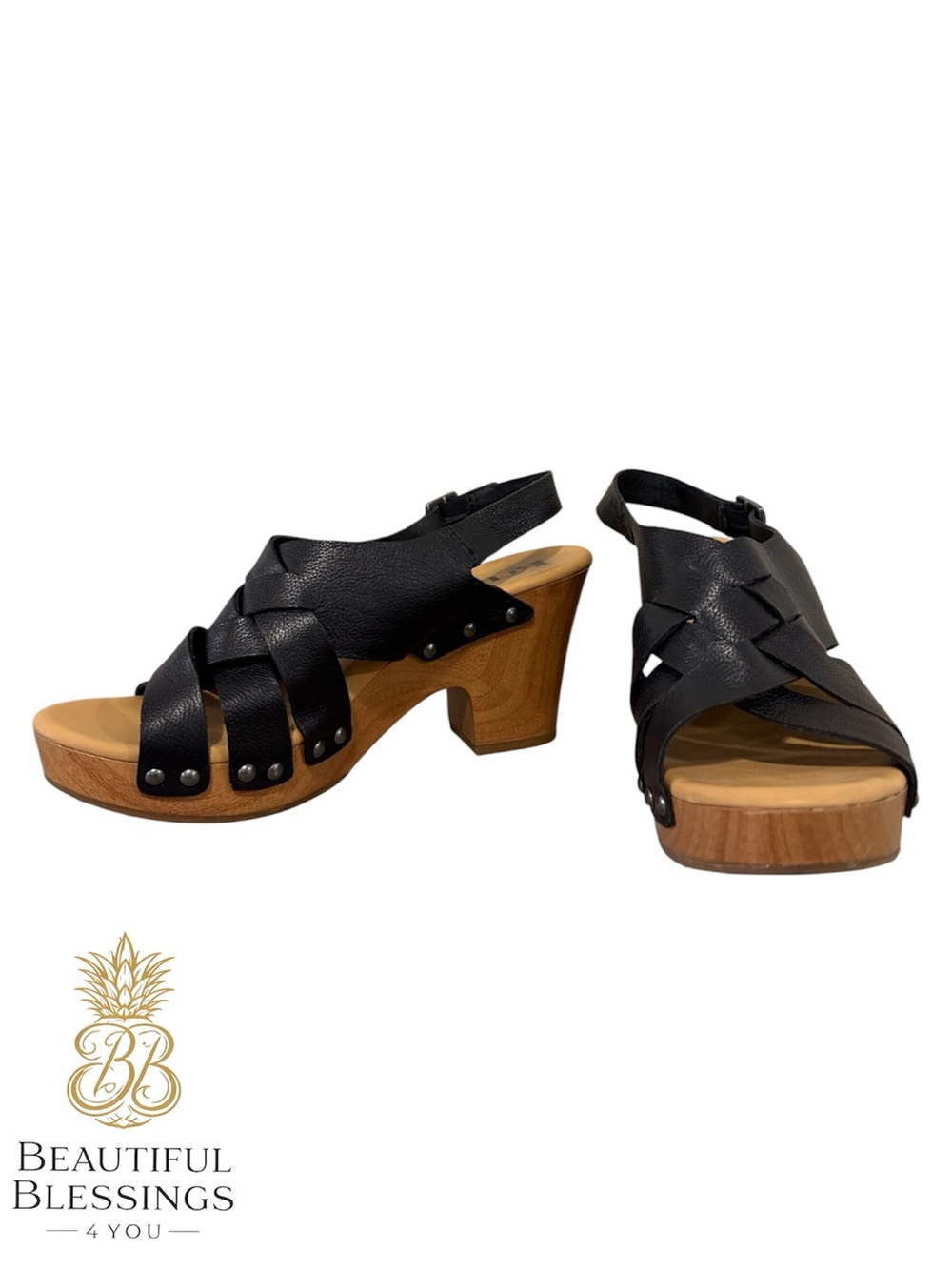 Korks Black Leather Clog Sandals Wood Heel Sling Back Boho Comfort Platform Shoe - Picture 2 of 10